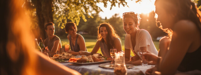 Happy friends having picnic party. - obrazy, fototapety, plakaty