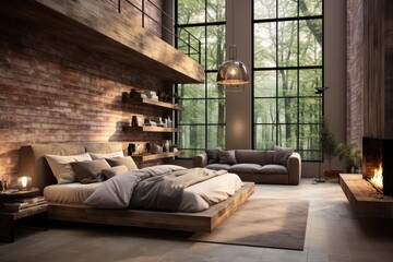 Fototapeta premium modern industrial master bedroom with light natural materials with modern art on the walls