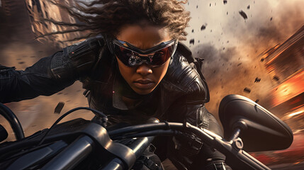 Action shot with black woman on the bike riding away from fire and explosion. Dynamic scene in action movie blockbuster style.