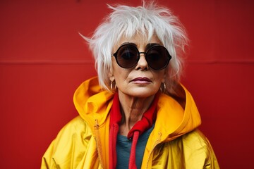Portrait of a beautiful senior woman wearing sunglasses and a yellow raincoat.
