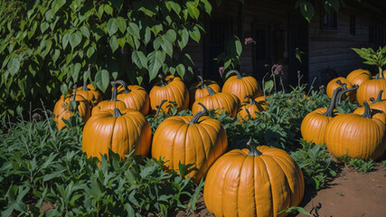 Ripe pumpkins isolated on a burred unfocussed grass background. Autumn concept with pumpkin. 