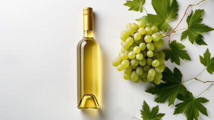 Bottle of white wine isolated on white background with white grapes and grape leaves