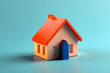 House with red roof and blue door and window.