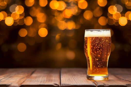 One glass of beer on a wooden table. Blurred bokeh background. Beer festival, weekend travel, advertisement concept. AI generative.