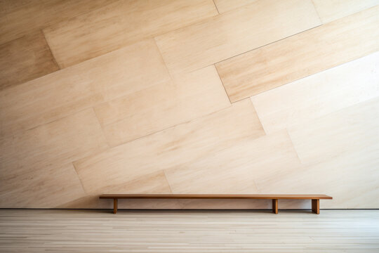 Plywood wall with design bench in room