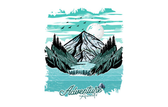 Adventure awaits outdoor hand-drawn t shirt print illustration