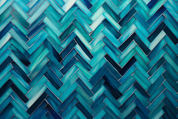 Painting of blue and green herringbone pattern on wall.