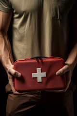 Man holding red first aid kit in his hands. - obrazy, fototapety, plakaty