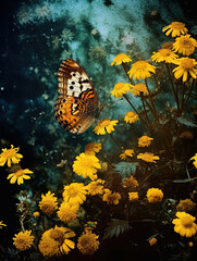 Fototapeta na wymiar Butterfly on the colorful flowers and plants. Calm nature scene with dreamy colors.