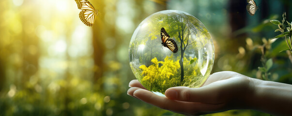 Earth crystal glass globe ball in hand with nature background. - obrazy, fototapety, plakaty