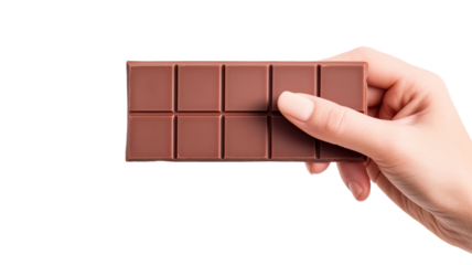 Female hand holding a chocolate bar isolated on transparent or white background, mockup