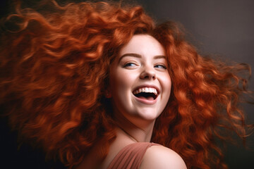 Happy beautiful chubby plus size red-haired model portrait, laughing joyful fat girl with a lush flowing hairstyle