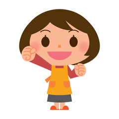 ガッツポーズのエプロン姿の女性