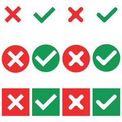 Zestaw ikon zielonego znacznika wyboru i czerwonego krzyża. Grafika wektorowa.