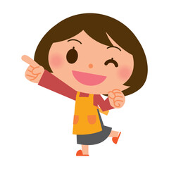 指さし エプロン姿の女性
