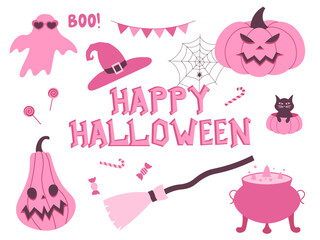 Cartoon pink Halloween vector set. Barbiecore vector illustration