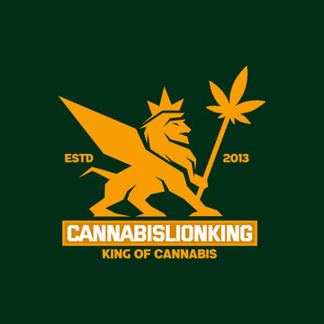 elegant royal luxury of winged lion and wearing a crown with a cannabis marijuana ganja stick in his hand suitable for natural organic cannabis farm cultivation logo design