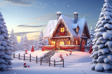 Christmas house in the forest with candies and winter holiday ornaments. Santa gingerbread house on the snow. - obrazy, fototapety, plakaty
