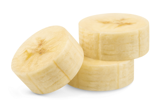 Banana isolated. Ripe peeled sliced banana on a transparent background.