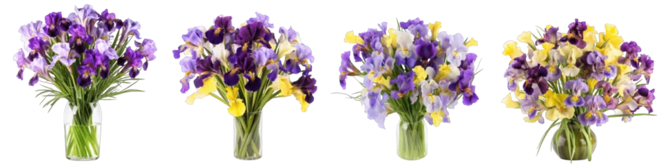 Zelfklevend Fotobehang Large flower arrangement or bouquet with many irises isolated on transparent background generative ai © Hixel
