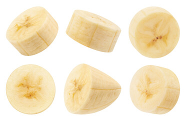 Banana isolated set. Collection of round slices of sliced banana on a transparent background.