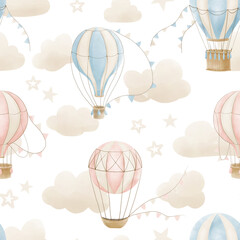 Hot air Balloons seamless Pattern. Watercolor hand drawn background with retro aircrafts in pastel pink and blue colors. Ornament for Baby nursery or childish textile. Illustration for wrapping paper. © Alisles