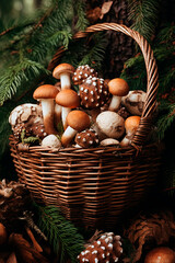 A wicker basket filled with mushrooms and pine cones. Generative AI