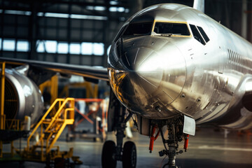 Aircraft in the airplane factory. Aircraft construction, manufacturing.