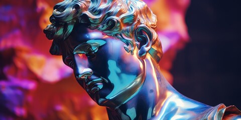 Metal marble statue in holographic colors. Close up portrait. 3d backgound.