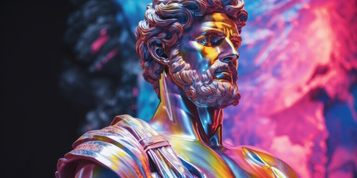 Metal marble statue in holographic colors. Close up portrait. 3d backgound.