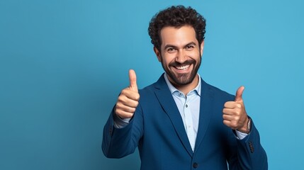 Confident businessman in decent suit giving thumbs up and smiling isolated on blue background with copy space. 