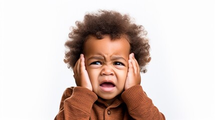 a toddler boy covering his ears with his two hands isolated on white,  concept of afraid, scared, unhappy, stressed or shocked child.