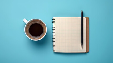 Cup of coffee and notepad with pen, top view.