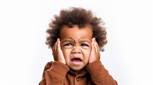 A Toddler Boy Covering His Ears With His Two Hands Isolated On White,  Concept Of Afraid, Scared, Unhappy, Stressed Or Shocked Child.