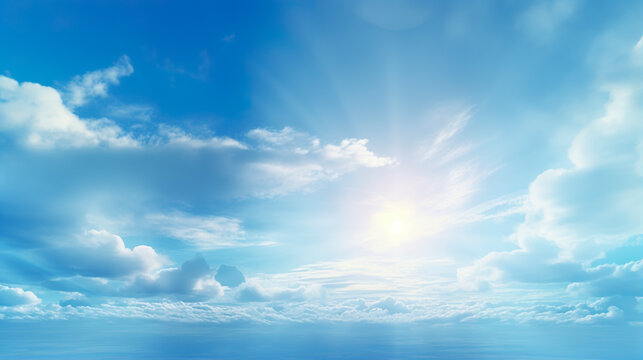 Sun with blue tint in celestial color palette. Under a serene sky, the blue sun radiates a soft light, tinting the sky with clear, comforting shades of blue.