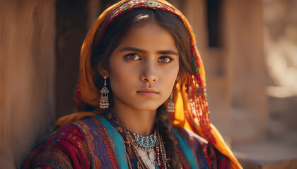 Afghan girl wear traditional dress in history background ai generated - obrazy, fototapety, plakaty