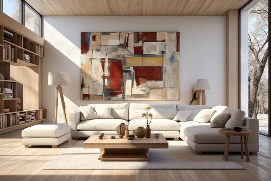 modern luxury living room with light natural materials with modern art on the walls