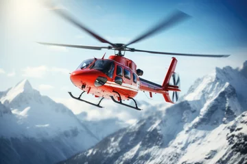 Gordijnen Rescue helicopter landing on the mountain © pilipphoto