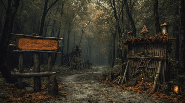 Signboard at the enty of dark fairytale village in Halloween style.