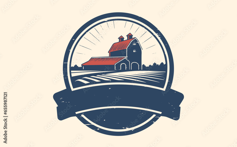 Wall mural farm logo illustration, emblem with farmhouse design hand drawn sketch. vector illustration