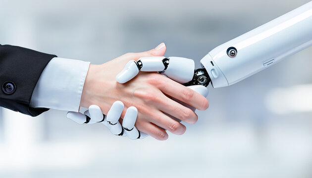 Aperto de m&atilde;os entre um rob&ocirc; androide e um humano.  Cumprimento entre tecnologia e seres humanos. Como a IA pode ser ben&eacute;fica para a humanidade.