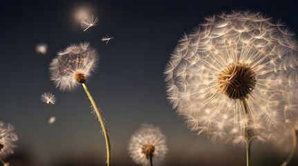 Close-up of dandelion with flying seed heads on a natural sky background. Minimal flower art with creative copy space.