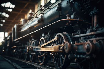 Fototapeta premium Old black steam locomotive engine train in a hangar