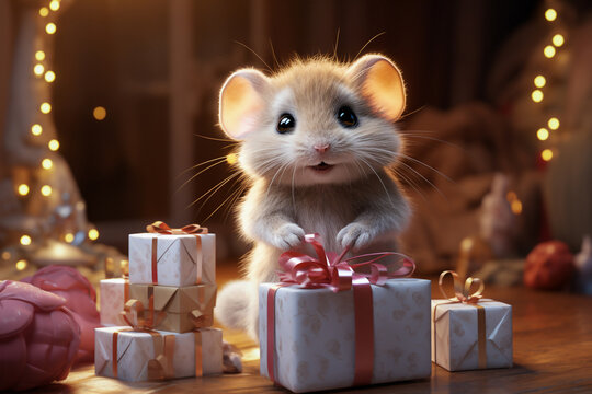 smiling and happy cartoon of tooth fairy looking at camera with gifts. happy childish mouse. excited Ratoncito Perez