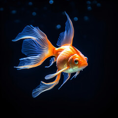 Goldfish, photography, orange, sleek, shimmering, freshwater aquarium, tranquil, LED aquarium lights, vibrant orange and blue Generative AI