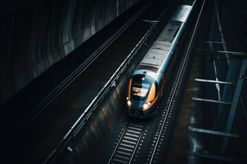Fototapeta premium Train exiting the tunnel, high angle view