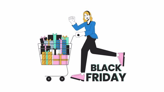 Holiday shopping line 2D animation. Female shopper pushing shopping cart 4K video motion graphic. Run to shop. Pre black friday weekend linear animated cartoon flat concept, white background