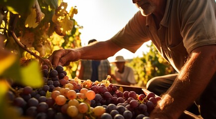 person picking grapes in vineyard, person picking grapes, close-up of hand picking grapes, harvest for grapes - obrazy, fototapety, plakaty