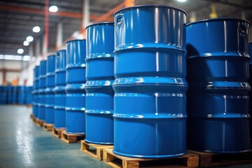 Blue barrels on pallets contain liquid chemicals in the warehouse. Industrial background. - obrazy, fototapety, plakaty