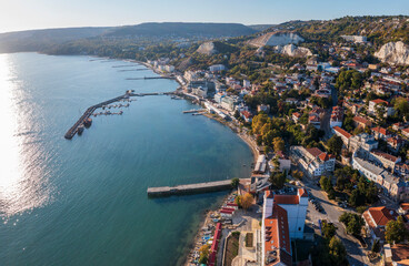 Scenic aerial view from drone of coast Balchik city in the Black sea, Bulgaria - obrazy, fototapety, plakaty